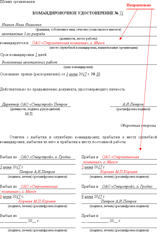 неправильное оформление командировочного удостоверения по месту нахождения организации генподрядчика