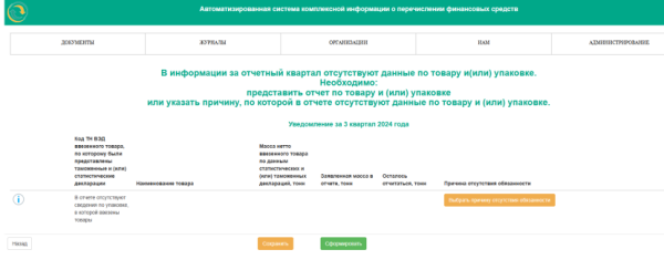 Уведомление таможни, что в отчете отсутствуют сведения по упаковке, в которой ввезен товар